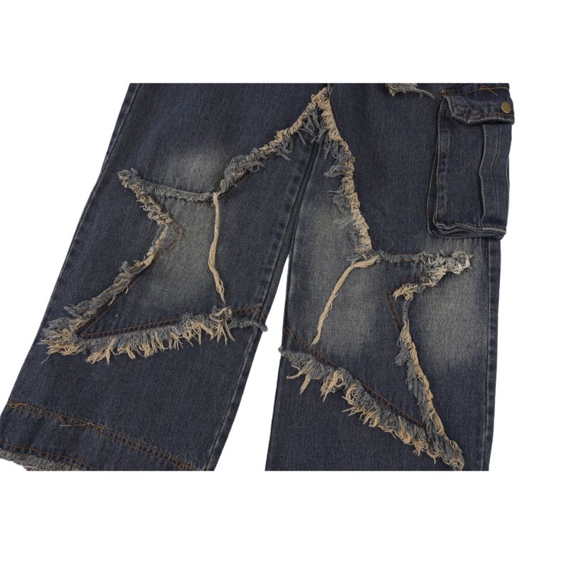 Star Pattern Frayed Patchwork Jeans,Pant