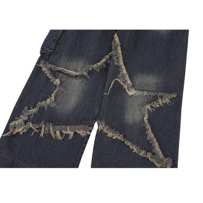 Star Pattern Frayed Patchwork Jeans,Pant