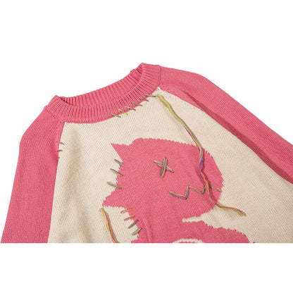 Color Contrast Dinosaur Patchwork Design Knit Pullover,Sweater