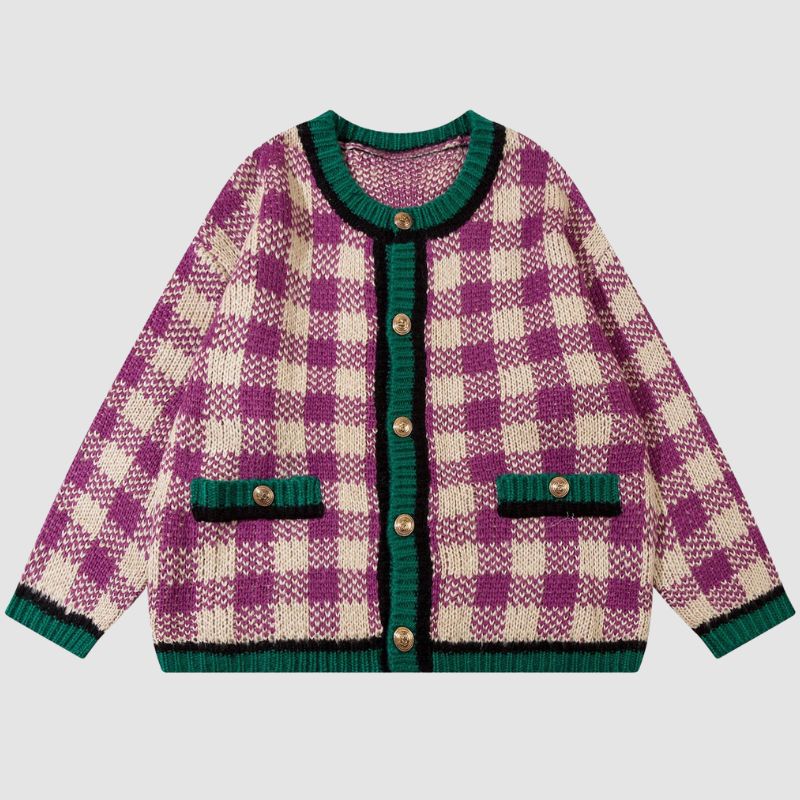 Color Contrast Plaid Knit Cardigans Coat