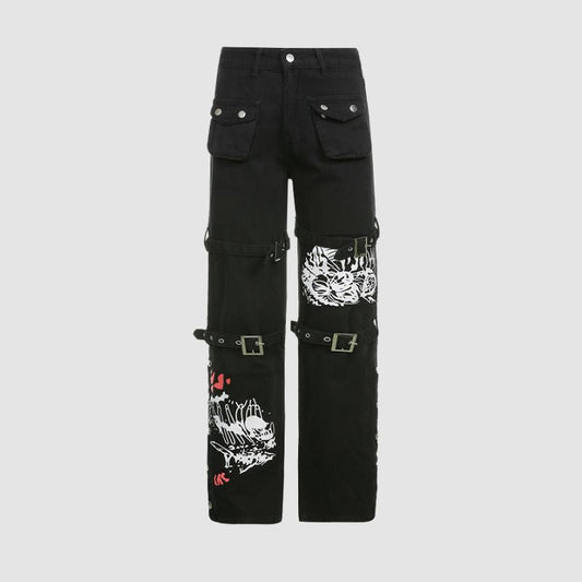 Buckle Color Contrast Printed Cargo Jeans,Pant