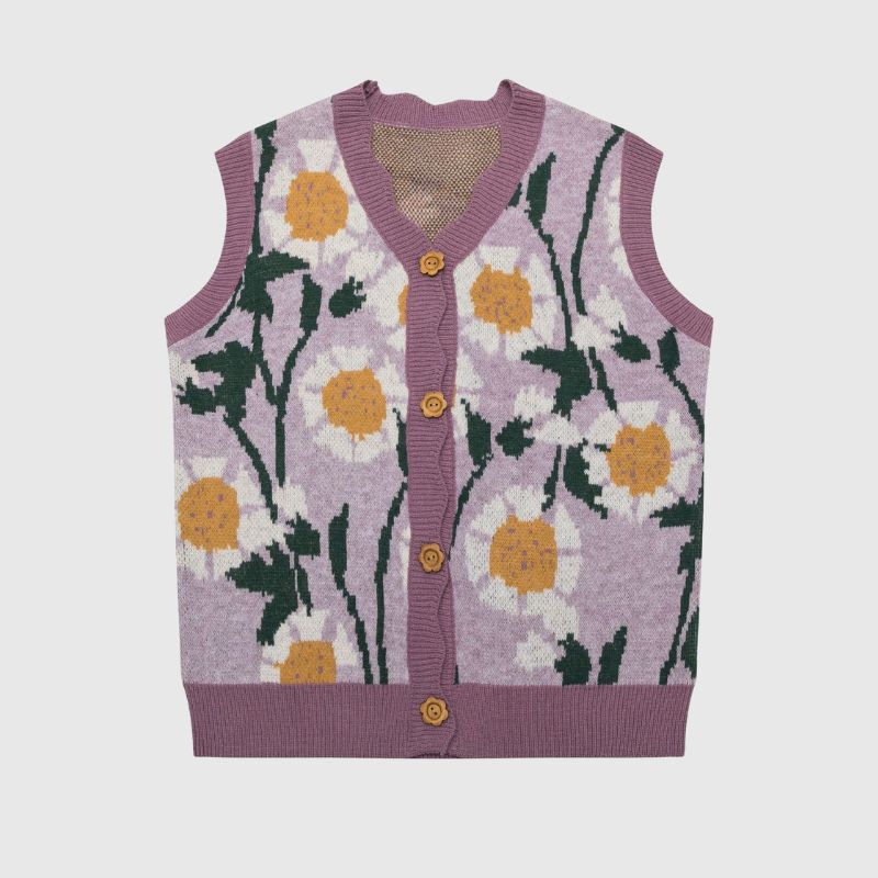 Vintage Floral Knit Vest Cardigan Jacket