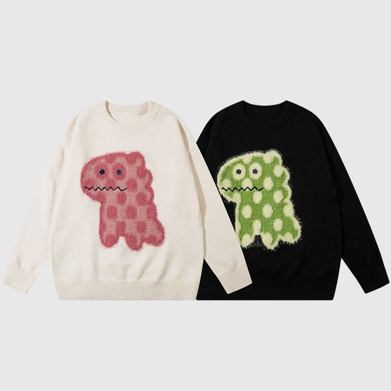 Cartoon Spotted Dinosaur Embroidered Pullover,Sweater