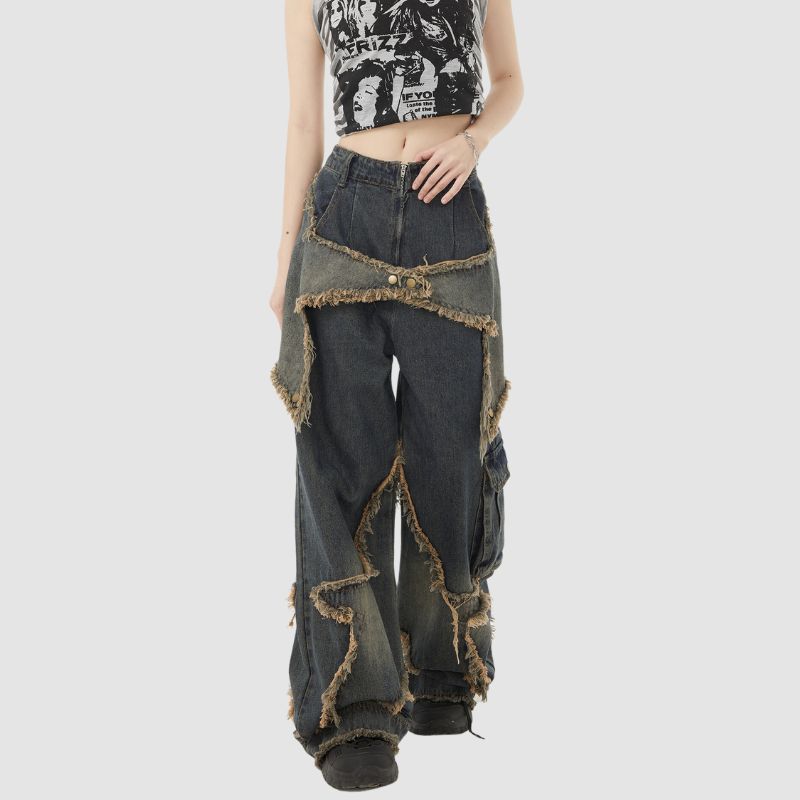 Star Pattern Frayed Patchwork Jeans,Pant