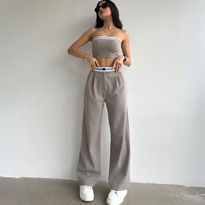 Tube Top & Wide Leg Trousers Set,Pant