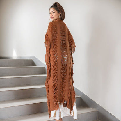 Skeleton Fringe Long Knit Cardigan, Knit Coat,Maxi Dresse,Casual Set