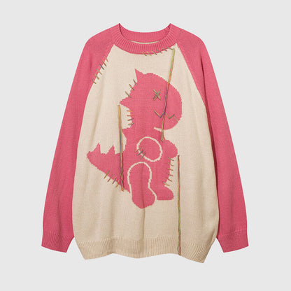 Color Contrast Dinosaur Patchwork Design Knit Pullover,Sweater