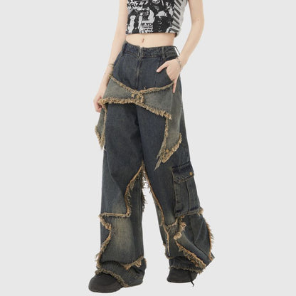 Star Pattern Frayed Patchwork Jeans,Pant