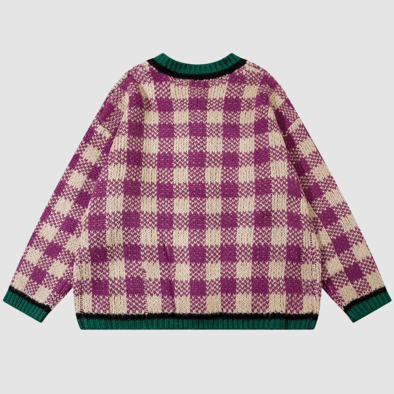 Color Contrast Plaid Knit Cardigans Coat