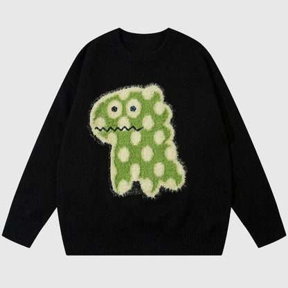 Cartoon Spotted Dinosaur Embroidered Pullover,Sweater