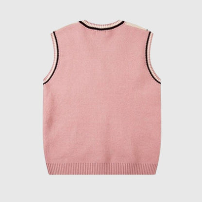 Color Block Letter Loose V-Neck Vest,Sweater