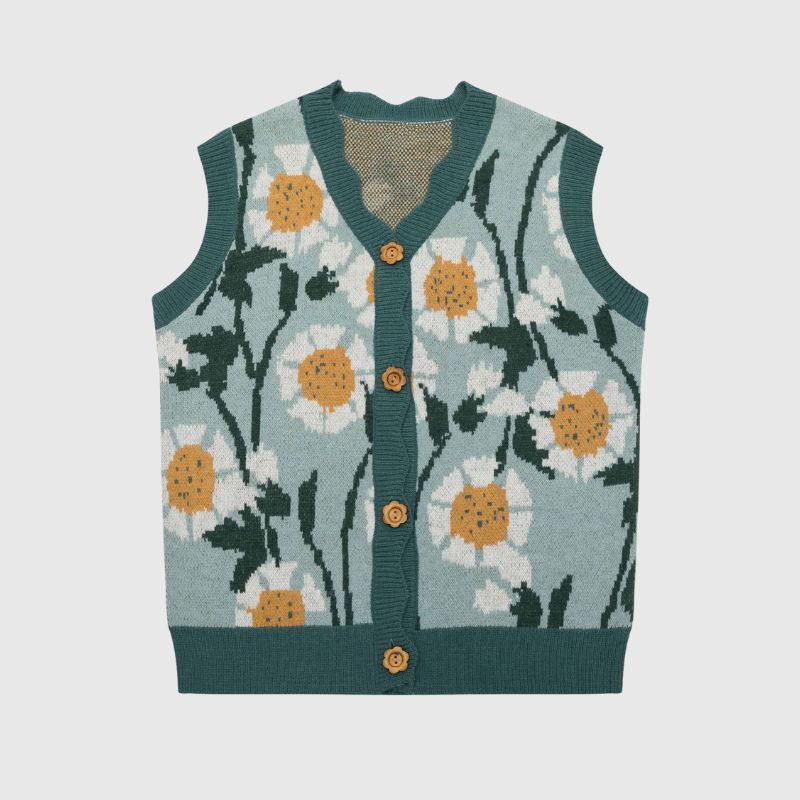 Vintage Floral Knit Vest Cardigan Jacket