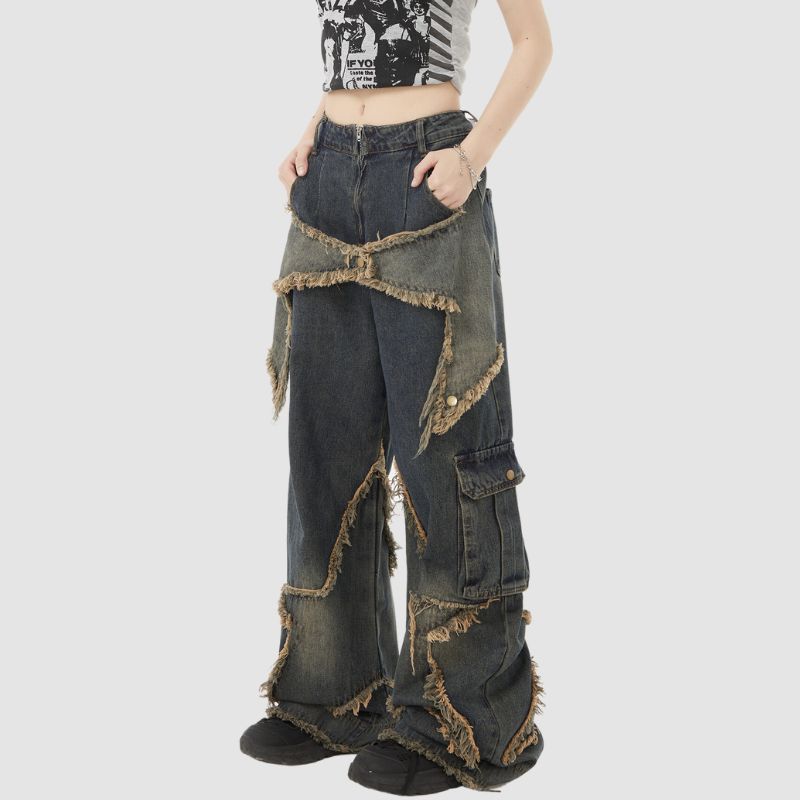 Star Pattern Frayed Patchwork Jeans,Pant