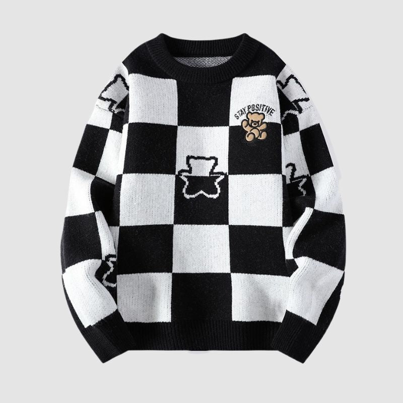 Bear Embroidered Plaid Pullover,Sweater