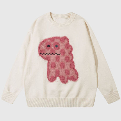 Cartoon Spotted Dinosaur Embroidered Pullover,Sweater