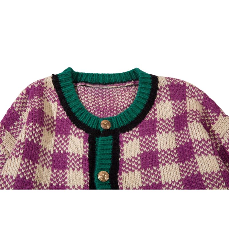 Color Contrast Plaid Knit Cardigans Coat