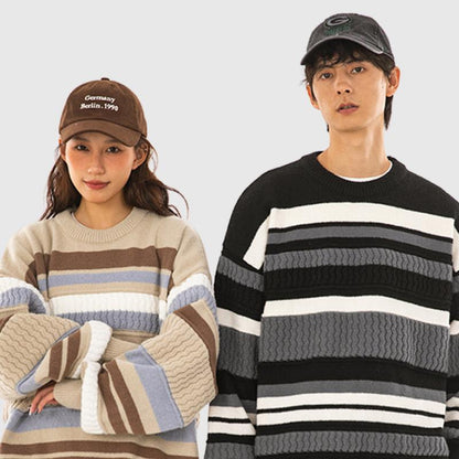 Striped Cable Patchwork Design Pullover,Sweater