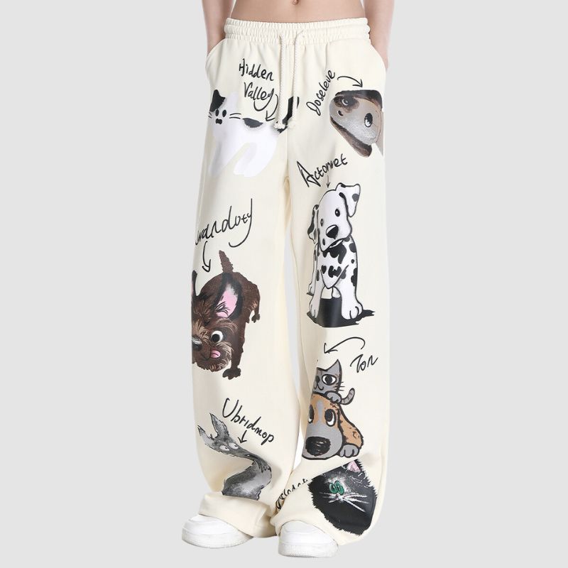 Puppy Pattern Printed Wide Leg Pants