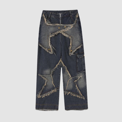 Star Pattern Frayed Patchwork Jeans,Pant