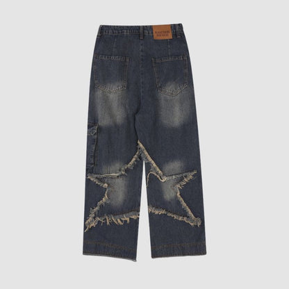 Star Pattern Frayed Patchwork Jeans,Pant