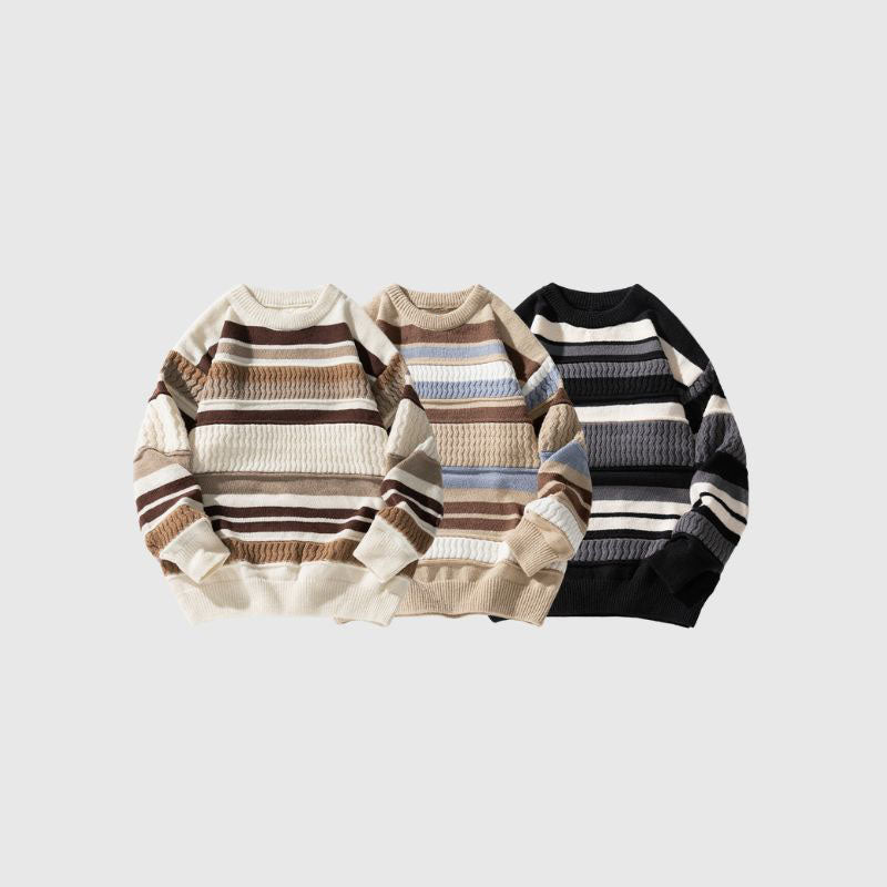 Striped Cable Patchwork Design Pullover,Sweater