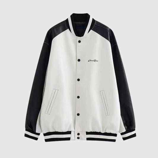 Loose Casual Patched Leather Baseball Jacket