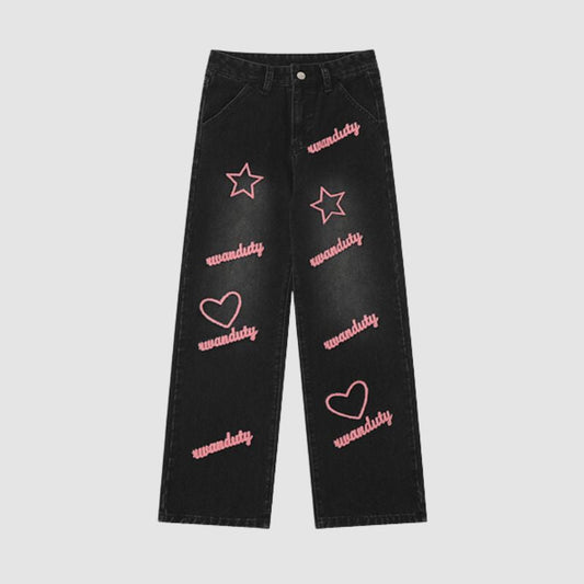 Letter and Star Embroidered Design Jeans,Pant