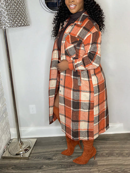 Flannel Pocket Plaid Coat,Casual Set