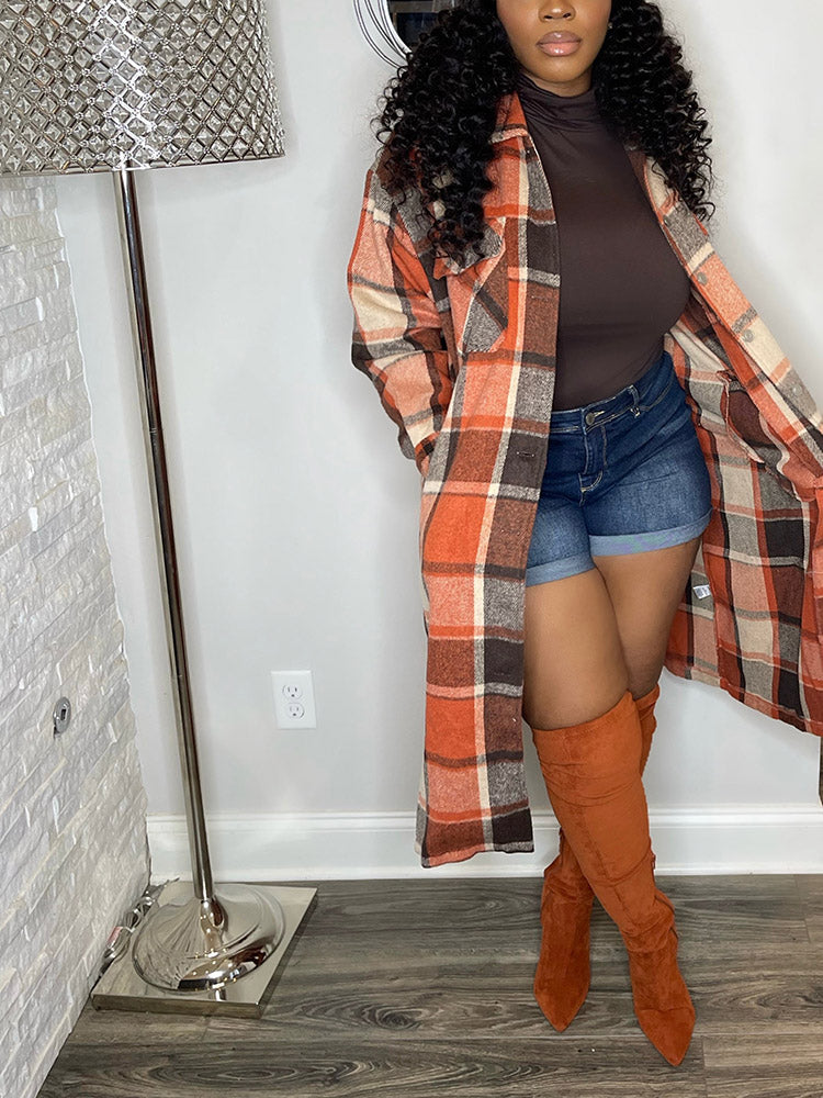 Flannel Pocket Plaid Coat,Casual Set