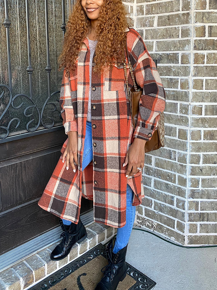 Flannel Pocket Plaid Coat,Casual Set