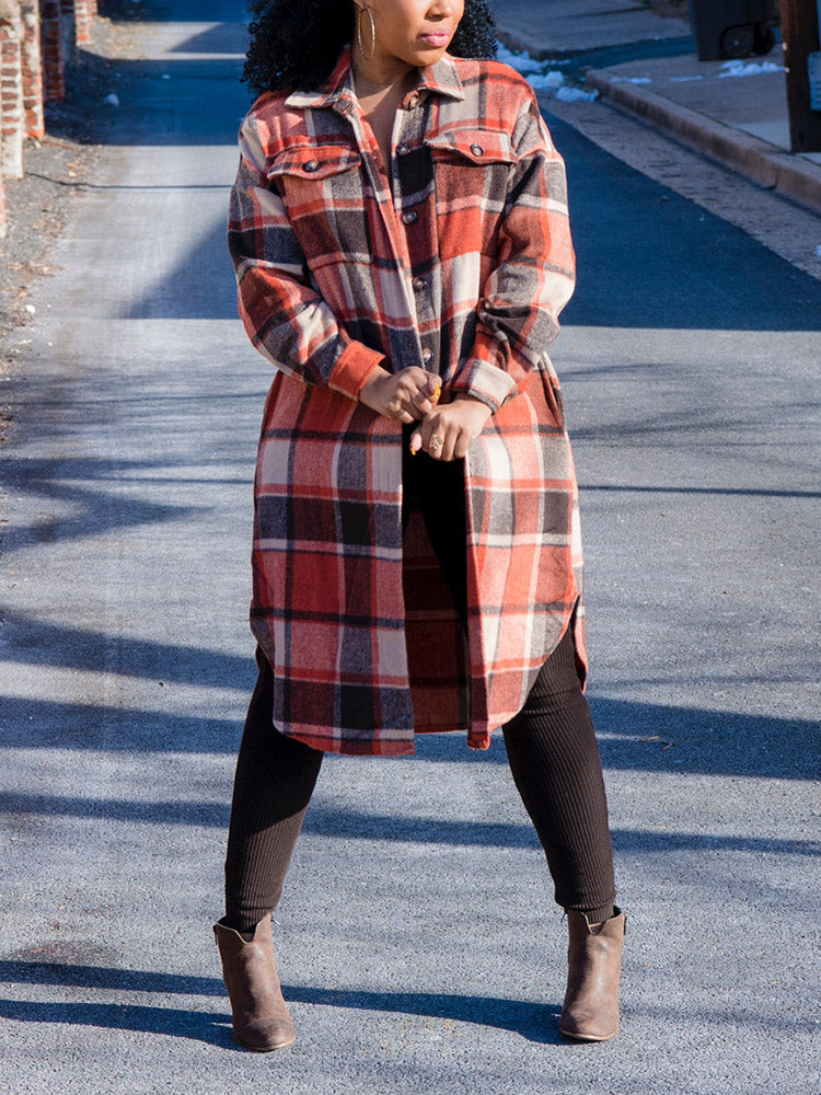 Flannel Pocket Plaid Coat,Casual Set