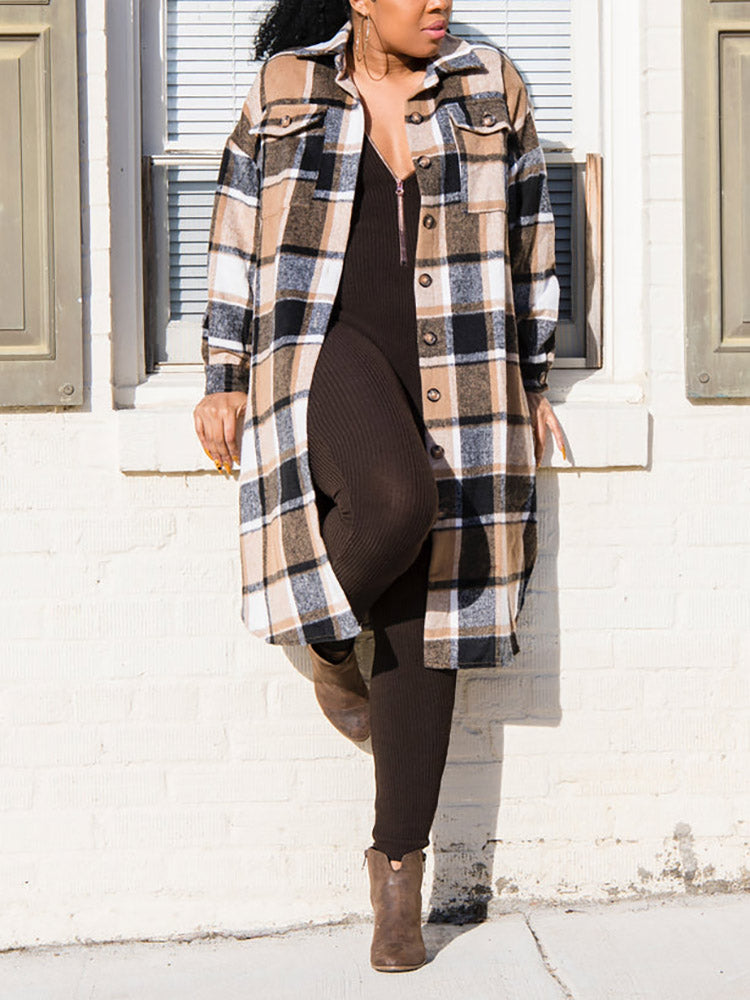 Flannel Pocket Plaid Coat,Casual Set