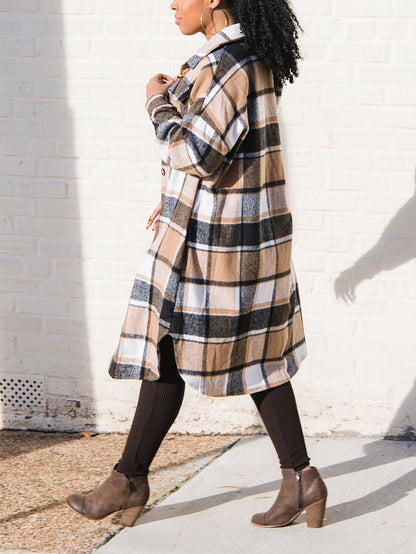 Flannel Pocket Plaid Coat,Casual Set