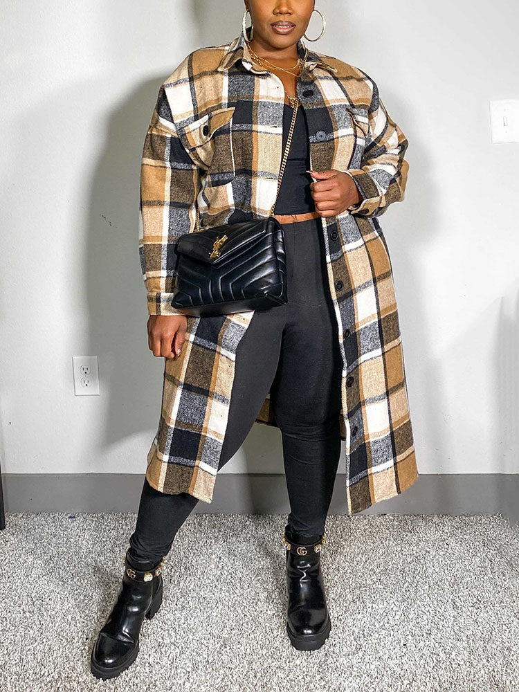 Flannel Pocket Plaid Coat,Casual Set