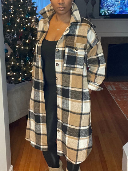 Flannel Pocket Plaid Coat,Casual Set