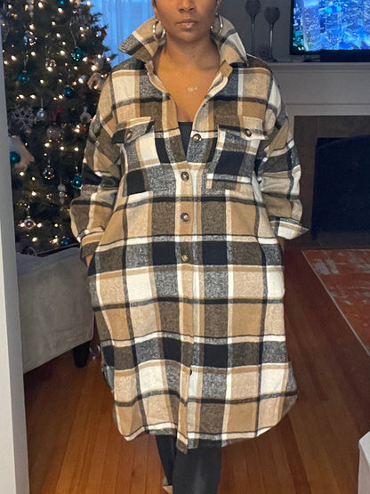 Flannel Pocket Plaid Coat,Casual Set