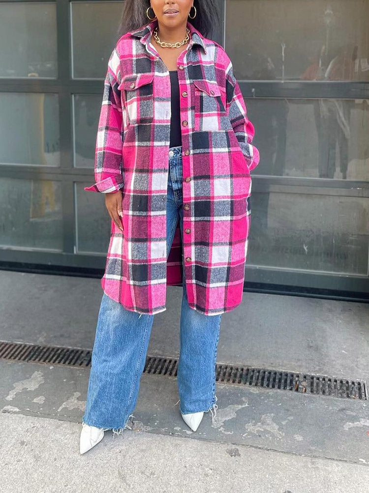 Flannel Pocket Plaid Coat,Casual Set