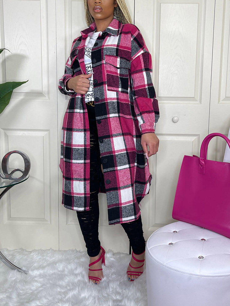 Flannel Pocket Plaid Coat,Casual Set