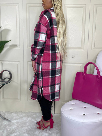 Flannel Pocket Plaid Coat,Casual Set