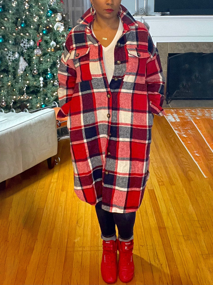 Flannel Pocket Plaid Coat,Casual Set