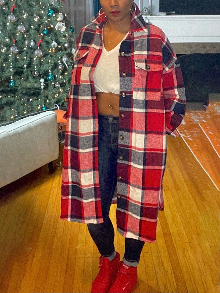 Flannel Pocket Plaid Coat,Casual Set