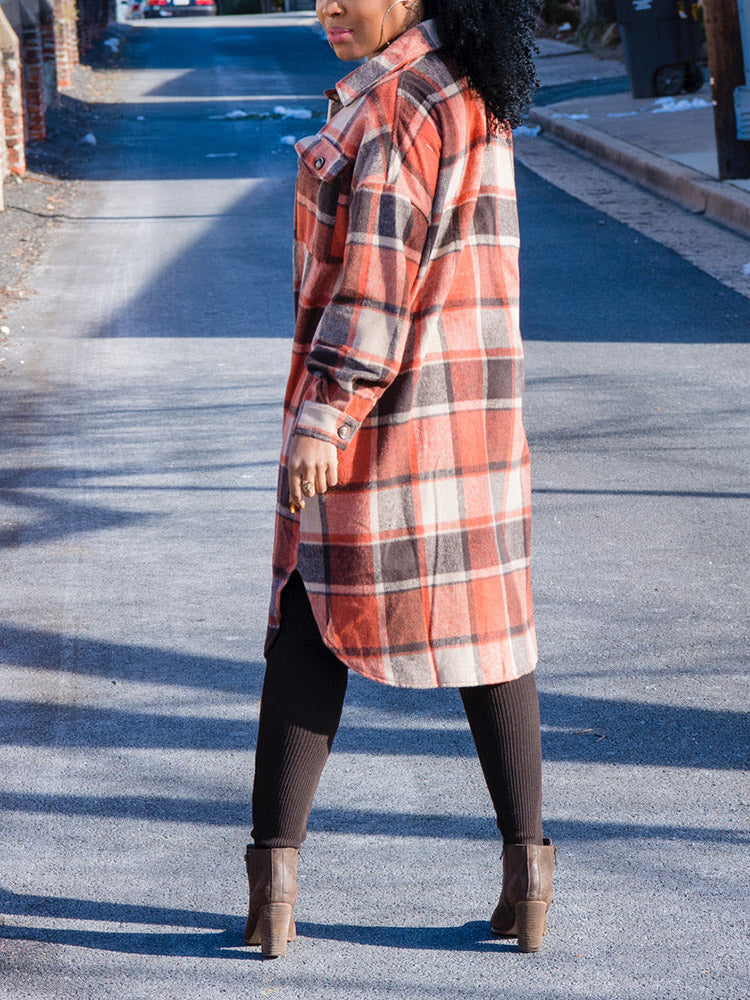 Flannel Pocket Plaid Coat,Casual Set