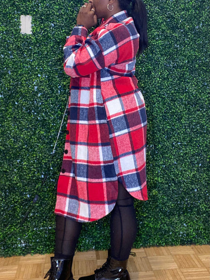 Flannel Pocket Plaid Coat,Casual Set