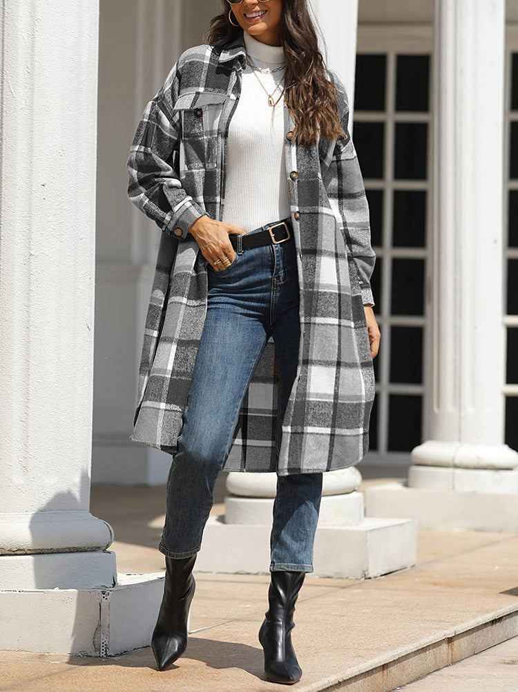 Flannel Pocket Plaid Coat,Casual Set