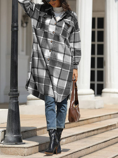 Flannel Pocket Plaid Coat,Casual Set