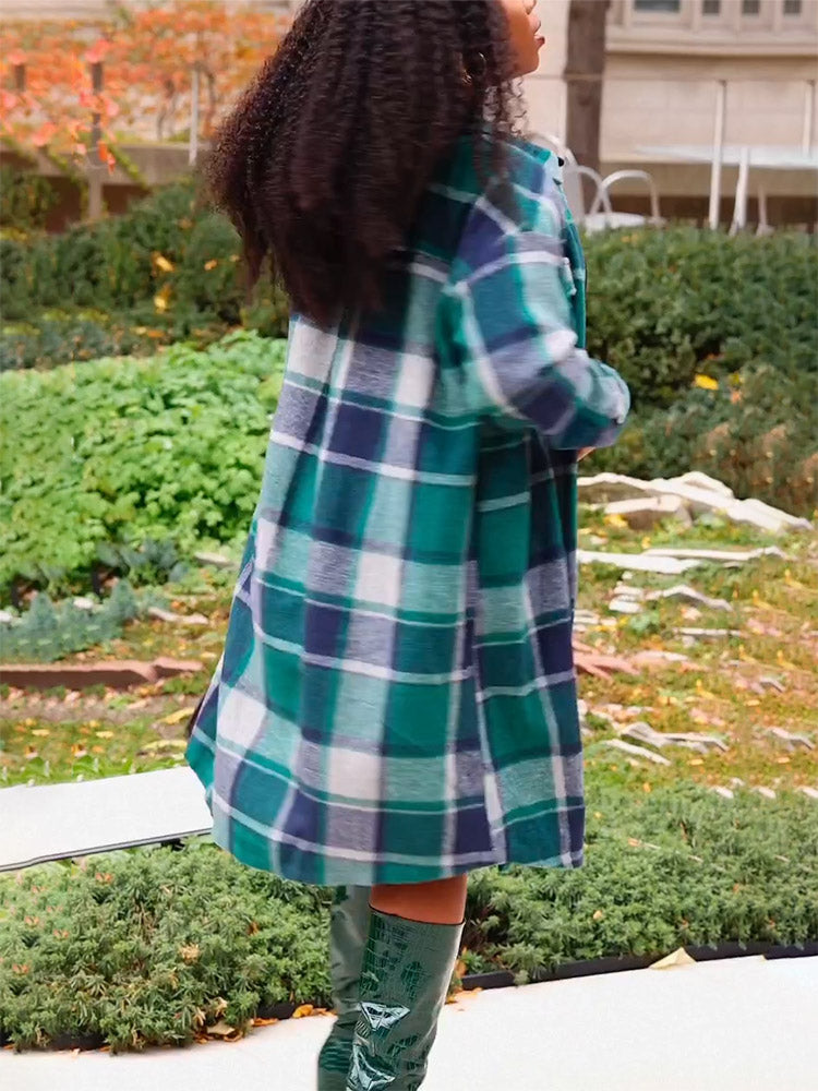 Flannel Pocket Plaid Coat,Casual Set