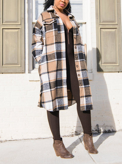 Flannel Pocket Plaid Coat,Casual Set