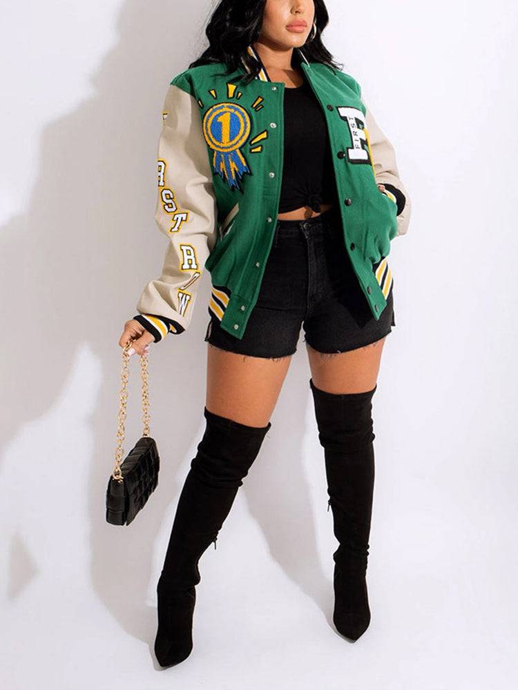 Printed Color Block Baseball Jacket