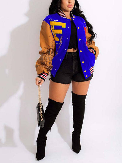 Printed Color Block Baseball Jacket