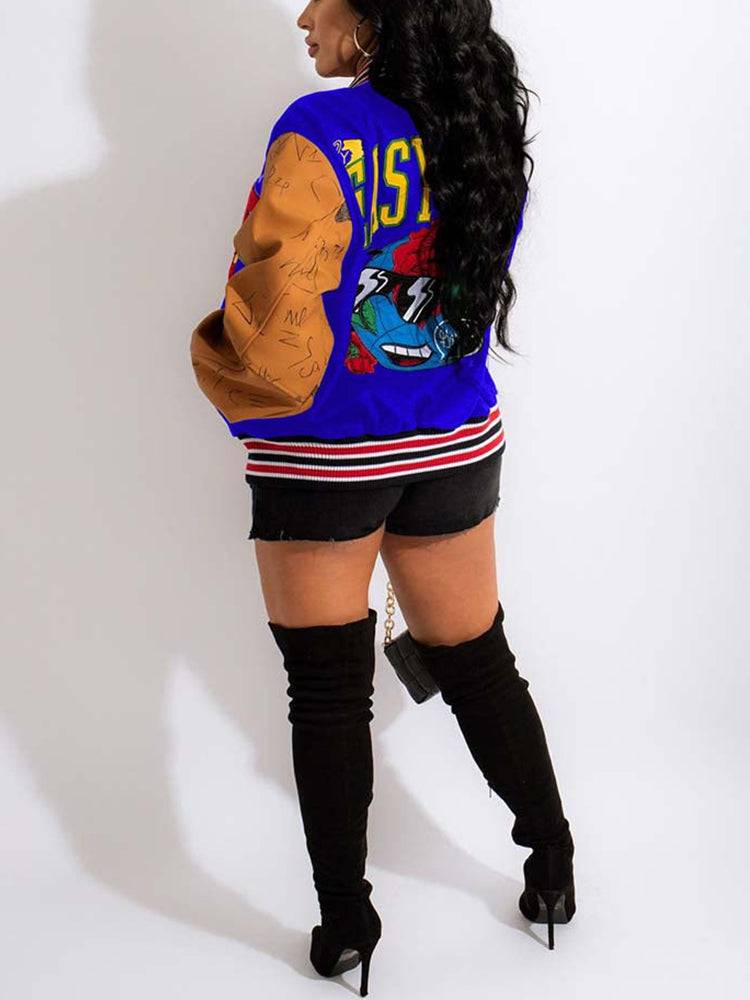 Printed Color Block Baseball Jacket